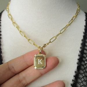 Chunky, Paper Clip Link Necklace, Gold  Link Chain Necklace,  Gold CZ Initial Letter Pendant, Square Alphabet Rectangle Medallion Pendant