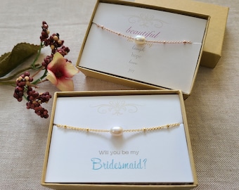 Dainty pearl on Satellite Chain necklace, Delicate, dainty, elegant, simple, bridesmaid gift, gift for her, Rose Bridal Party Jewelry