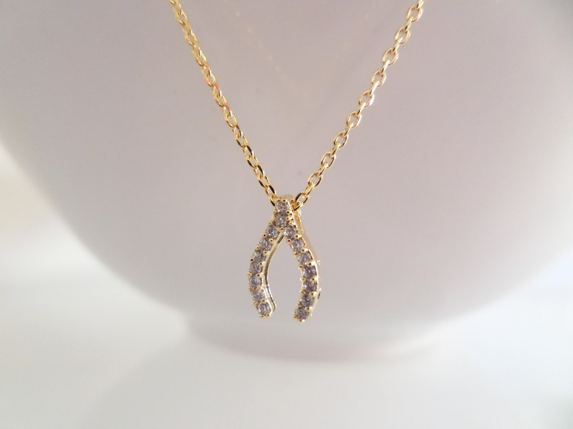 Tiny Gold Wishbone Necklace With Cubic Zirconia..dainty Etsy