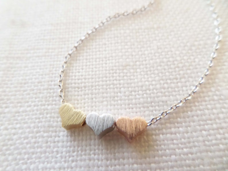 Tiny 3 hearts necklaces, gold, silver, and rose gold hearts on gold or silver chain...daint, simple, birthday, wedding, bridesmaid jewelry image 3