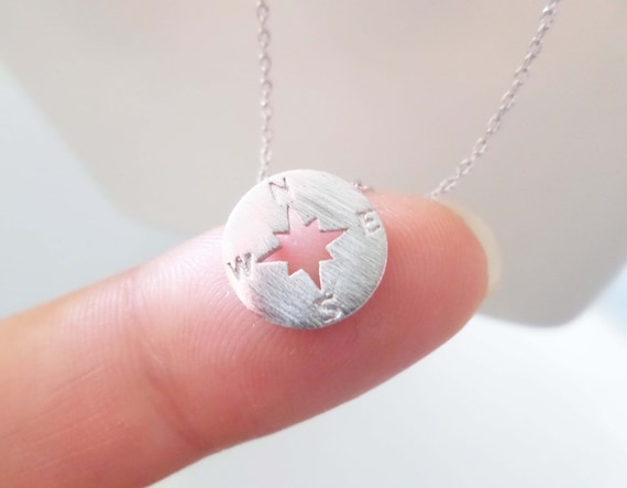 Tiny Compass Necklace, Silver Gold Rose Gold Disk, Dainty Charm