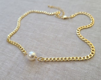 Swarovski pearl on Chunky Gold Curb Chain Necklace, Chunky choker necklace