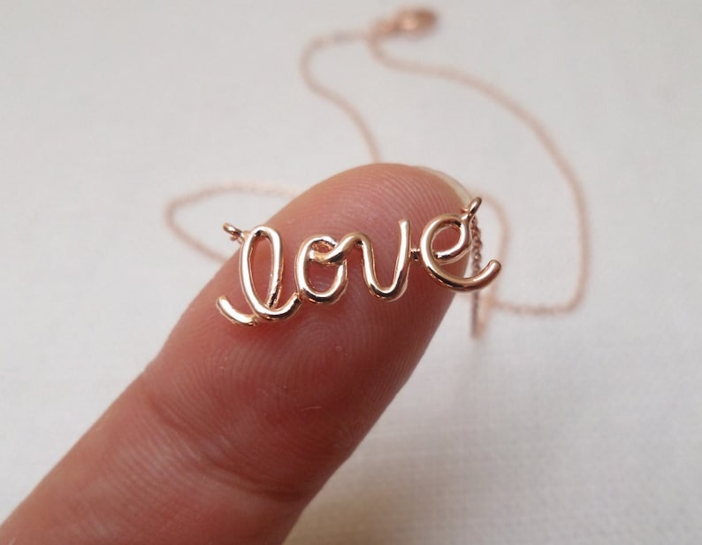 Gold, Rose Gold or Silver Love Necklace, Love Script Necklace, Cursive Writing Love Necklace, Letter Love Necklace, Wedding, Bridesmaid Gift Rose gold