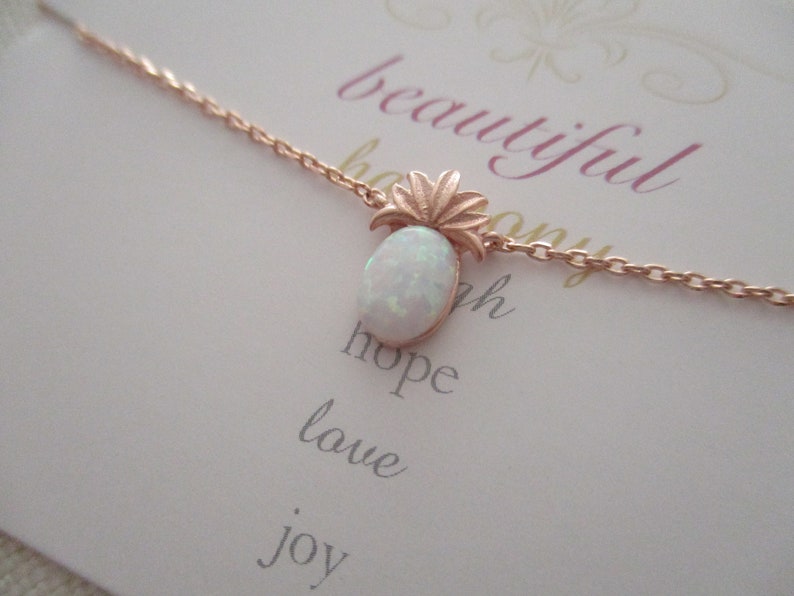 Tiny Pineapple necklace. Rose Gold, Gold, or Silver Pineapple with Opal stone. dainty and delicate, birthday, wedding, bridesmaid gift image 1