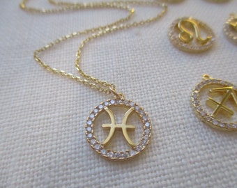 Gold Zodiac Necklace with CZ, Birth Signs, Horoscope, Astrology, Pisces, Aries, Taurus, Gemini, Cancer, Leo, Virgo,Libra,Scorpio,Sagittarius