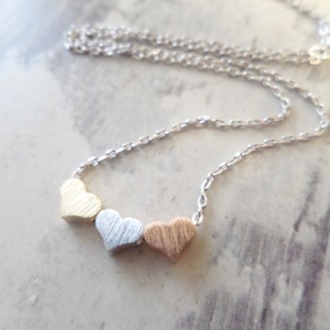 Tiny 3 hearts necklaces, gold, silver, and rose gold hearts on gold or silver chain...daint, simple, birthday, wedding, bridesmaid jewelry image 4