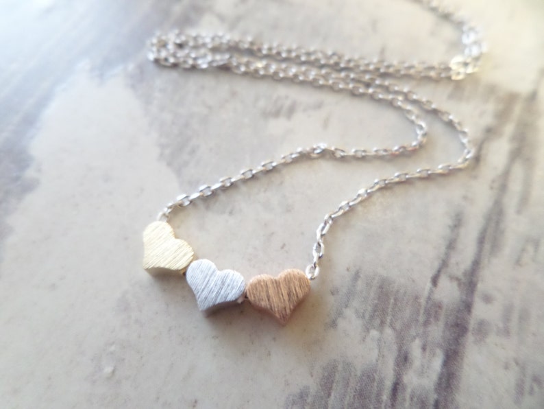 Tiny 3 hearts necklaces, gold, silver, and rose gold hearts on gold or silver chain...daint, simple, birthday, wedding, bridesmaid jewelry image 4