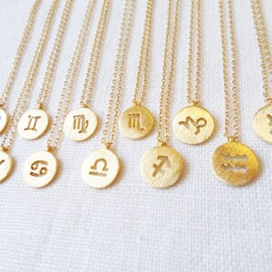 Gold Zodiac Necklace, Gold Disc with Zodiac Signs Cut out, Personalized Necklace, Horoscope Gold necklace, birthday, Astrology image 3