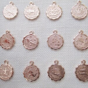 May include: Rose gold-colored zodiac charms. Each charm is round with a scalloped edge and features a different zodiac symbol and name. The charms have a small loop at the top for attaching to a chain or bracelet. The charms are displayed on a white surface.