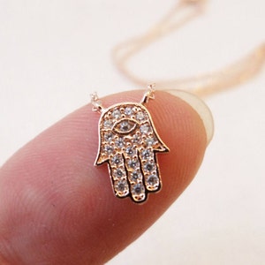 Teeny Tiny Gold, Rose Gold or Silver plated hamsa hand necklace with cubic zirconia ...dainty and simple