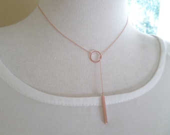 Collar Lariat de barra de oro rosa - collar de gota, collar en Y, barra vertical ajustable de karma, delicada, simple, boda, joyería de dama de honor