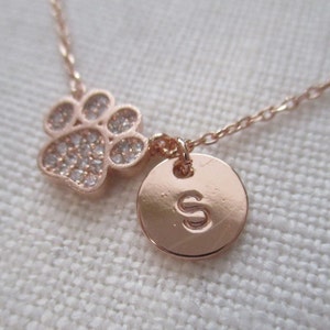 Tiny Gold, Rose gold, Silver Paw Print necklace with cubic zirconia ..dainty and simple, paw necklace, animal lover gift, dog lover necklace Rose gold W/ Initial