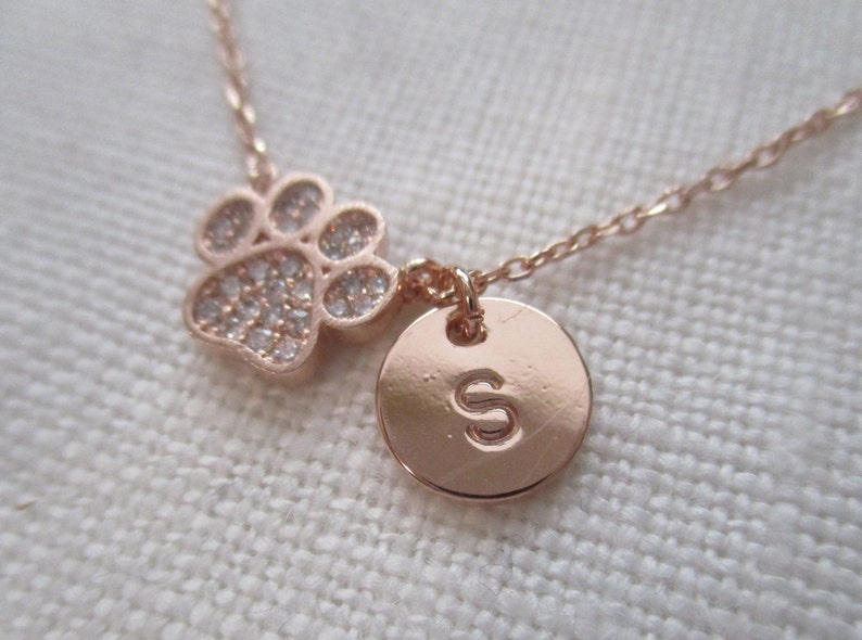 Tiny Gold, Rose gold, Silver Paw Print necklace with cubic zirconia ..dainty and simple, paw necklace, animal lover gift, dog lover necklace Rose gold W/ Initial