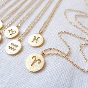 Gold Zodiac Necklace, Gold Disc with Zodiac Signs Cut out, Personalized Necklace, Horoscope Gold necklace, birthday, Astrology image 1