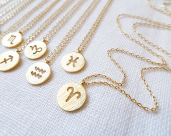 Gold Zodiac Necklace, Gold Disc with Zodiac Signs Cut out, Personalized Necklace, Horoscope Gold necklace, birthday, Astrology
