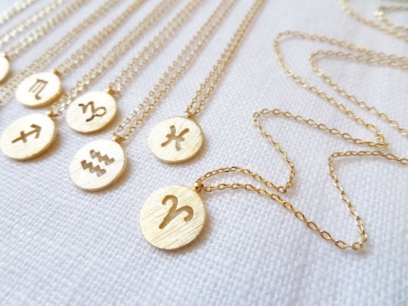 Gold Zodiac Necklace, Gold Disc with Zodiac Signs Cut out, Personalized Necklace, Horoscope Gold necklace, birthday, Astrology image 1