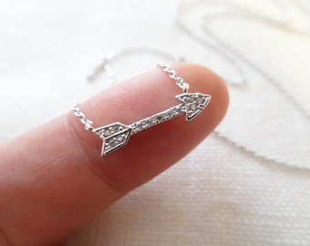Tiny Silver or Rose Gold arrow necklace with cubic zirconia..dainty  necklace,  simple, birthday, wedding, bridesmaid gift
