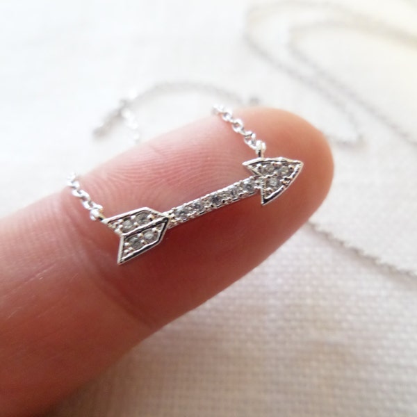 Tiny Silver or Rose Gold arrow necklace with cubic zirconia..dainty  necklace,  simple, birthday, wedding, bridesmaid gift