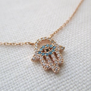 Tiny Gold, Rose gold or Silver plated hamsa hand necklace with CZ ...dainty and simple