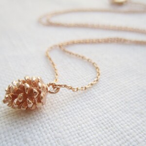 Könnte beinhalten: Eine zarte goldene Halskette mit einem kleinen, detaillierten Tannenzapfen-Anhänger. Die Kette ist in einem einfachen, verlinkten Stil.