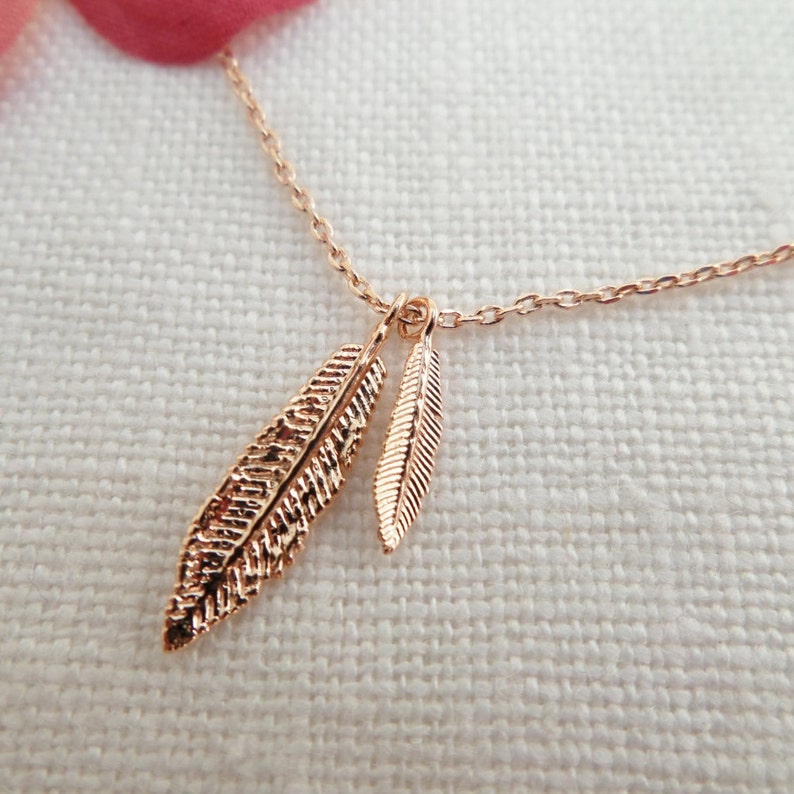 Two Tiny Gold, Rose gold or silver feather necklace...dainty handmade necklace, everyday, simple, birthday, wedding, bridesmaid jewelry image 1