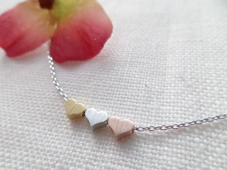 Teeny Tiny heart necklace, dainty 3 heart necklace, three sister gift, gift for best friend ,delicate necklace, bridesmaid gift image 5
