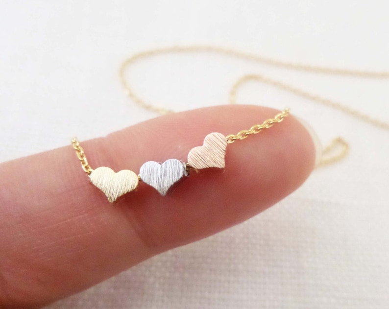 Tiny 3 hearts necklaces, gold, silver, and rose gold hearts on gold or silver chain...daint, simple, birthday, wedding, bridesmaid jewelry image 2