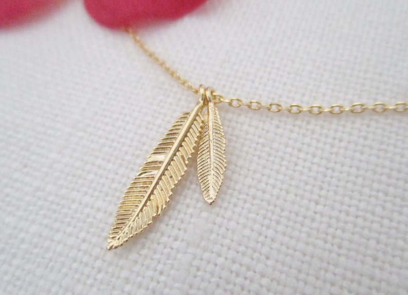 Two Tiny Gold, Rose gold or silver feather necklace...dainty handmade necklace, everyday, simple, birthday, wedding, bridesmaid jewelry image 2