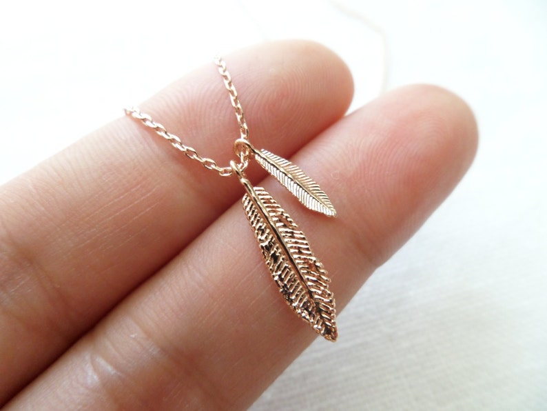 Two Tiny Gold, Rose gold or silver feather necklace...dainty handmade necklace, everyday, simple, birthday, wedding, bridesmaid jewelry image 4