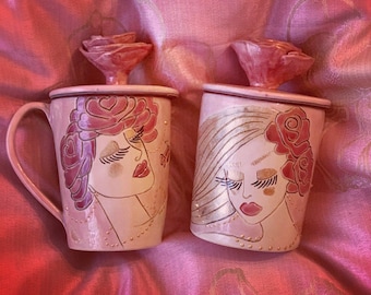 Handmade ceramics pink set with womens and roses.