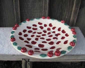 Large handmade platter with cherries, ceramics, pottery, cake stand, plate, stoneware, red, white