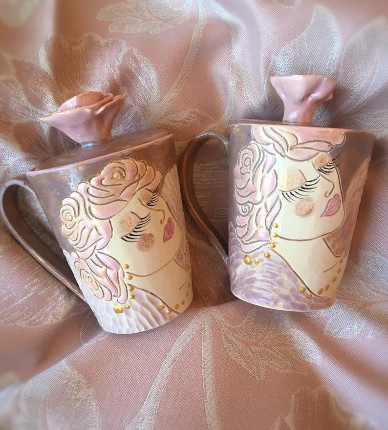 Handmade ceramic cup with angel and a lid, handmade pottery, romantic art, pottery, gray, tableware, pink, cup, mug, roses, pink roses image 1