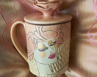 Handmade ceramics peach shade set, mug with lid and ... with lid