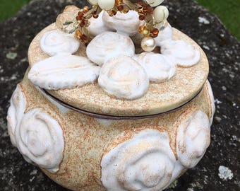 Handmade ceramics, pottery, ceramics, tableware, dish, homeart, sugarbowl, pearls, whiteroses, beige, gift, stoneware, bowl, roses