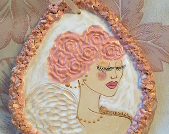 Handmade ceramic wall platter with angel, pink angel, geode, roses, pink roses, beautifyl angel, romantic art