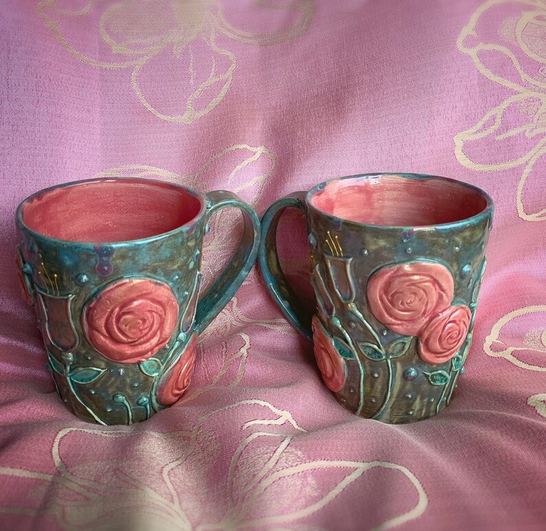 Handmade romantic ceramics mug with pink roses. image 1