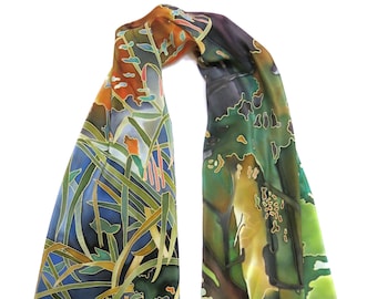 Green Bands Hand Painted Silk Scarf Turquoise 9 x 60 inches Water and Sand Bllue Beige