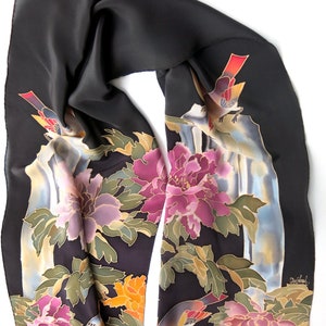 Peony silk scarf. Handmade silk scarf, painted on two sides. Scarf with hand rolled edges. Flowers Peony. Floral silk scarf