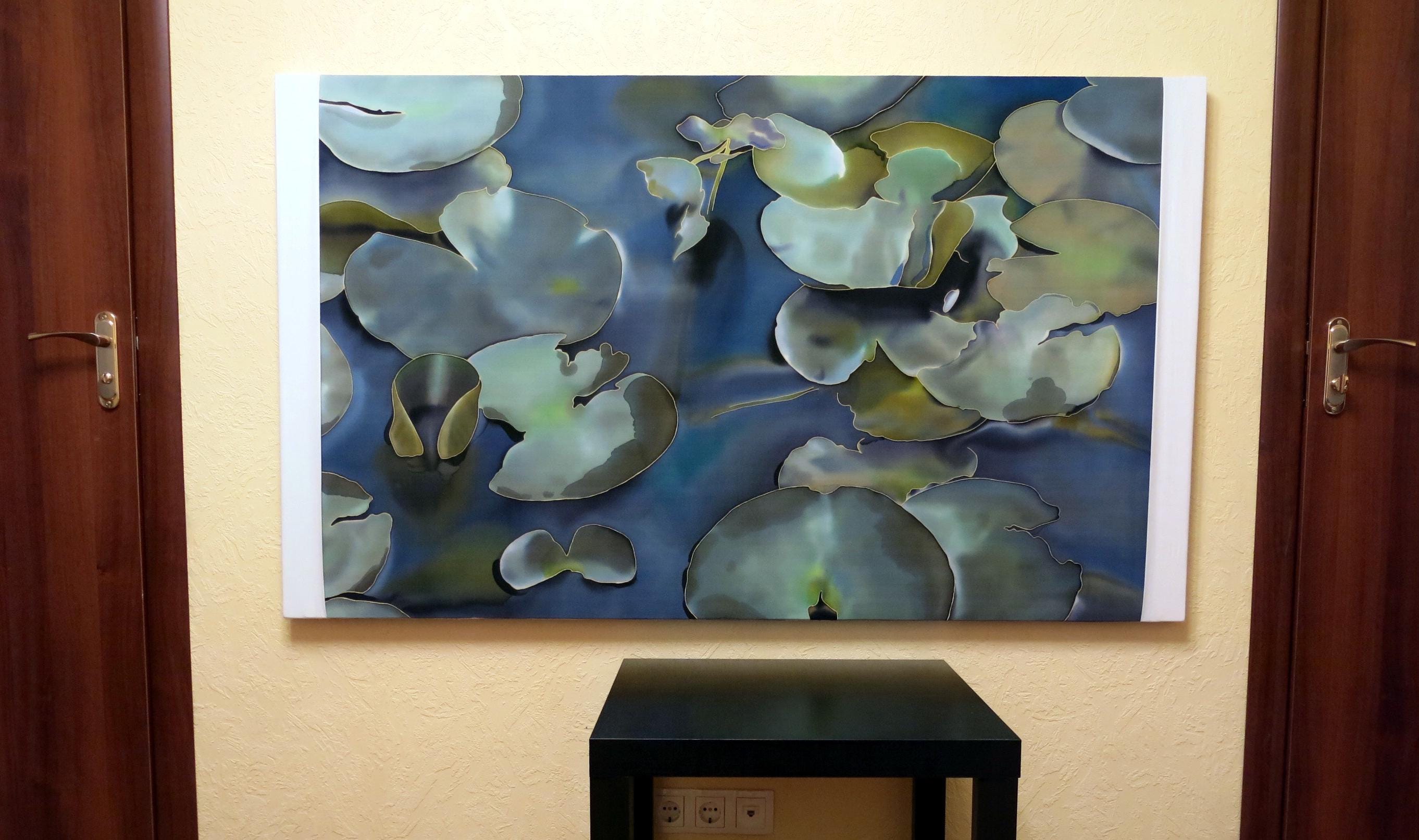 Hand Painted Silk Painting - White Lotus Pond, Batik Art (35" / 53")
