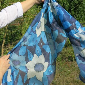 Narcissus scarf. Blue silk scarf. Handmade scarf, Handpainted silk. Narcissus floweres silk scarf. Silk neck scarves
