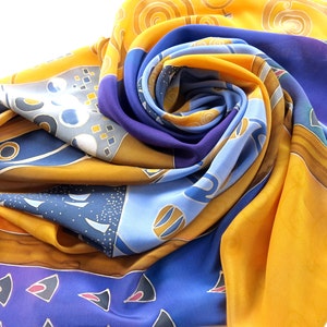 Silk scarf Klimt. Pure silk,  Hand painted silk scarf yellow, blue painted silk. Batik scarf silk painting Luxury square silk scarf