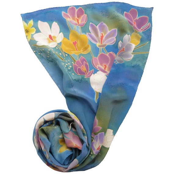 Silk Scarf Crocuses. Floral Blue Silk Scarf. Hand Painted Silk Scarf, Batik  Painting. Two Side Scarf. 