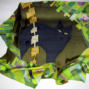 Black Cat silk scarf in green. Pure silk Hand painted silk scarf with black, yellow and green painted silk. Batik silk scarves image 2