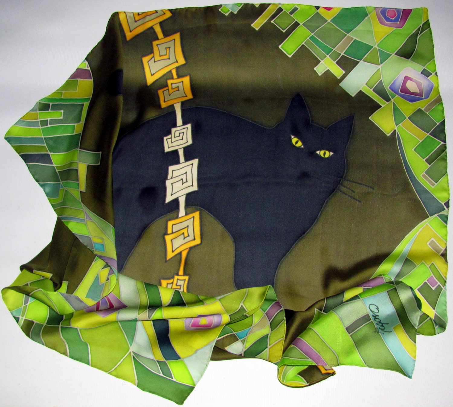 Black Cat Silk Scarf in Green. Pure Silk Hand Painted Silk Scarf With Black, Yellow and Green