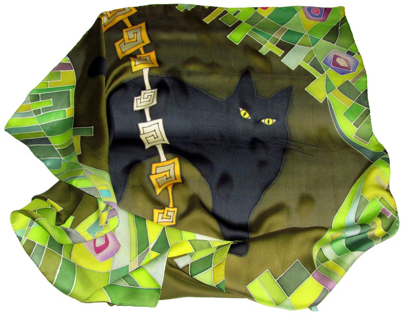 Black Cat silk scarf in green. Pure silk Hand painted silk scarf with black, yellow and green painted silk. Batik silk scarves image 1