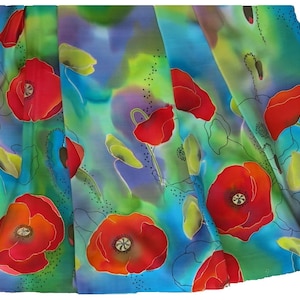 Poppies Silk Scarf. Hand Painted Silk Scarf. Red Poppy on Green, Blue ...