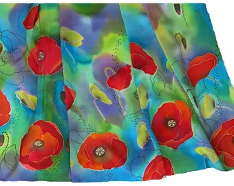 Poppies Silk scarf. Hand painted silk scarf. Red poppy on green, blue. Floral silk  shawl. Handpainted silk wrap.