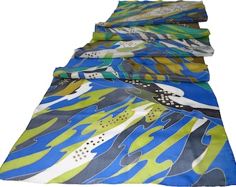Handpainted Silk Scarf, Blue Green River Design, Batik Serti Art