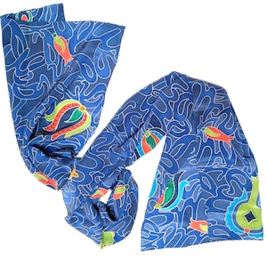 blue silk scarf Sea Waves. Handpainted in blue scarf with colorful accents. Long silk scarf. Hand stiched neck silk scarves. Ready to ship.
