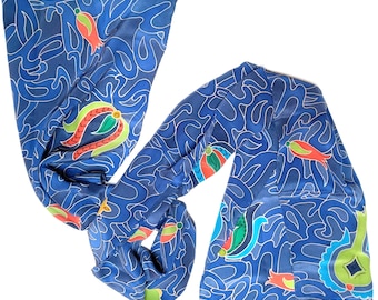 blue silk scarf Sea Waves. Handpainted in blue scarf with colorful accents. Long silk scarf. Hand stiched neck silk scarves. Ready to ship.